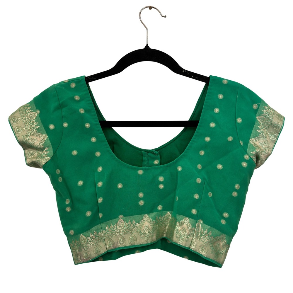 Saree Blouse Choli Crop Top Green Gold Silk Zari Brocade Festival Boho XS